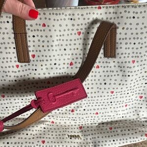 Fossil White Polka Dot Tote with Pink Luggage Tag and Brown Straps